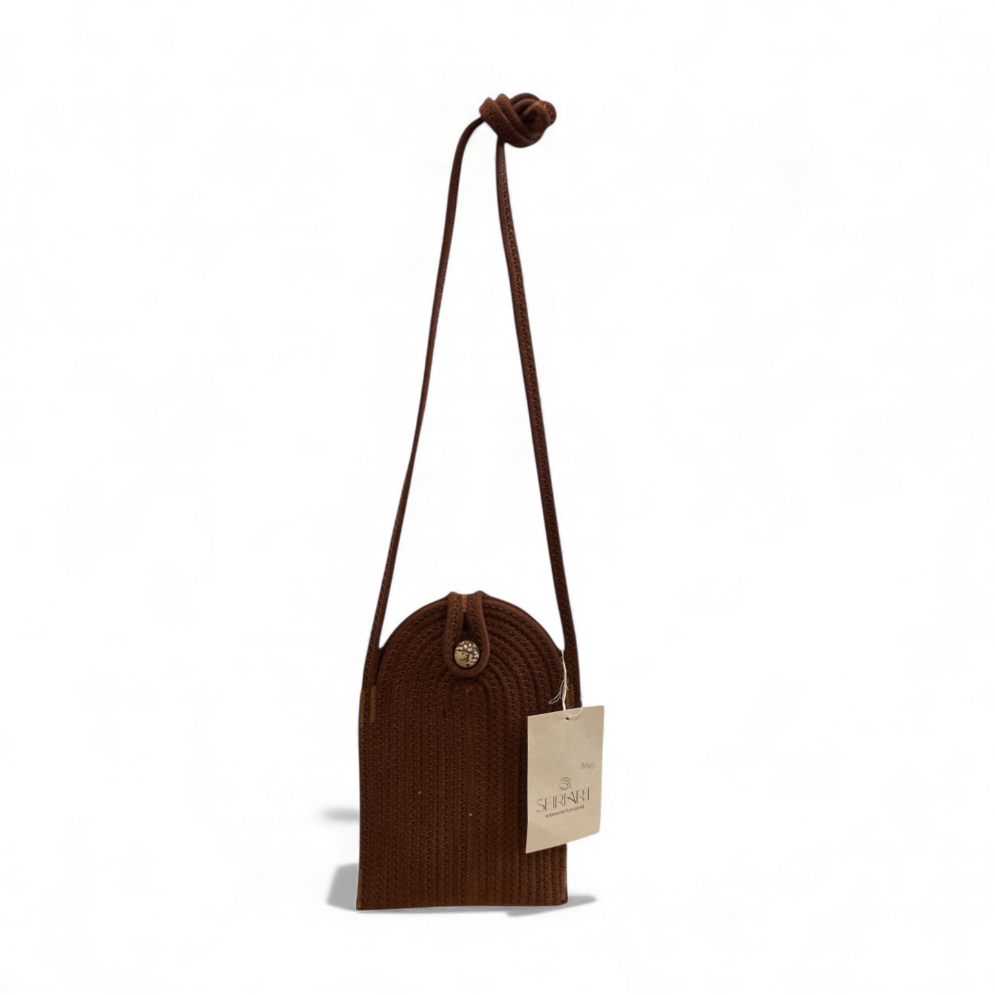 Borsa portacellulare a tracolla marrone artigianale SEIRIART in cotone con bottone di sicurezza