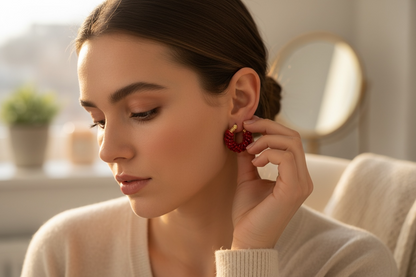 Donna indossa orecchini Candonguita artigianali dorati - gioielli colombiani Legado Milano