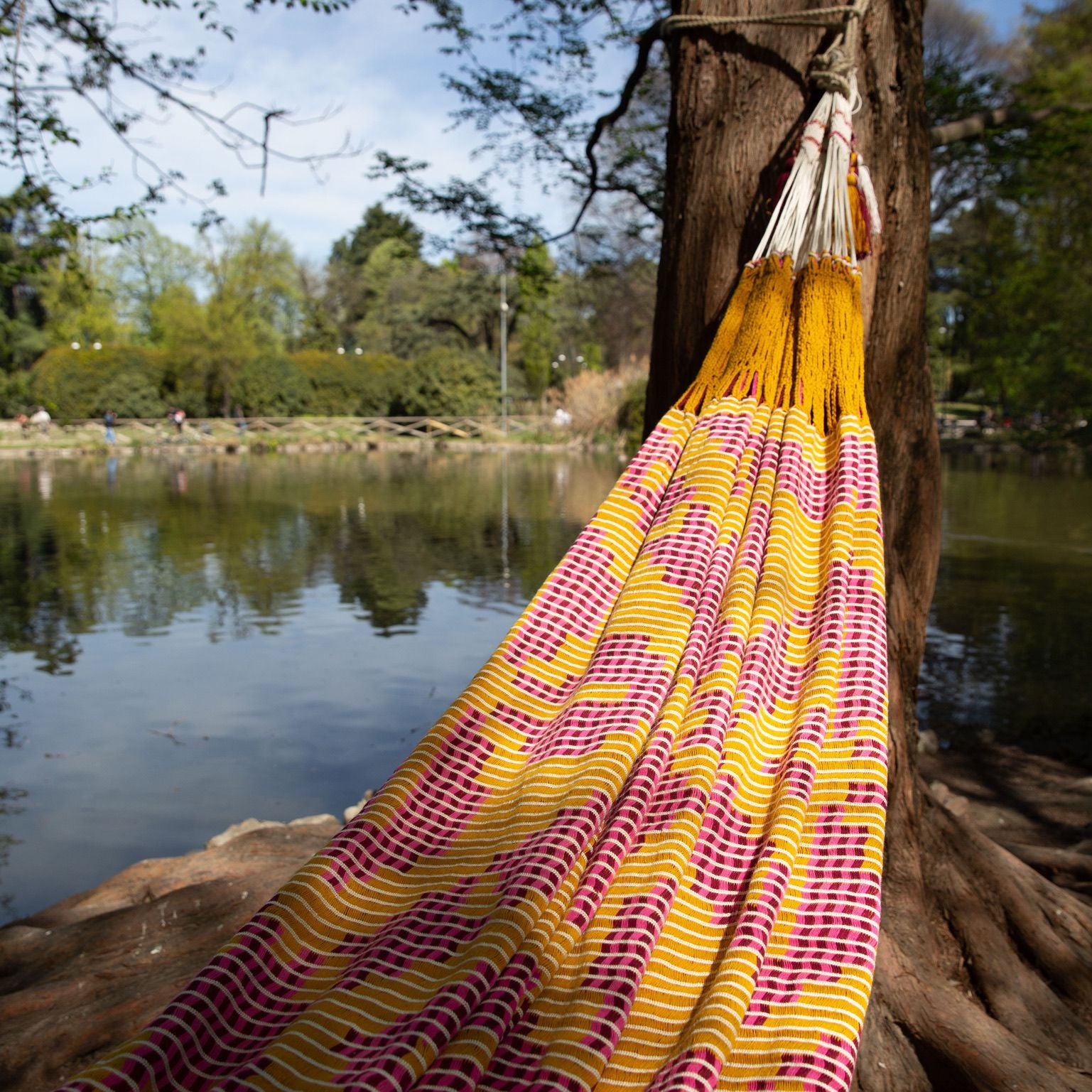 Amaca Chinchorro Wayuù senape con disegni kanasü artigianato tradizionale Colombia