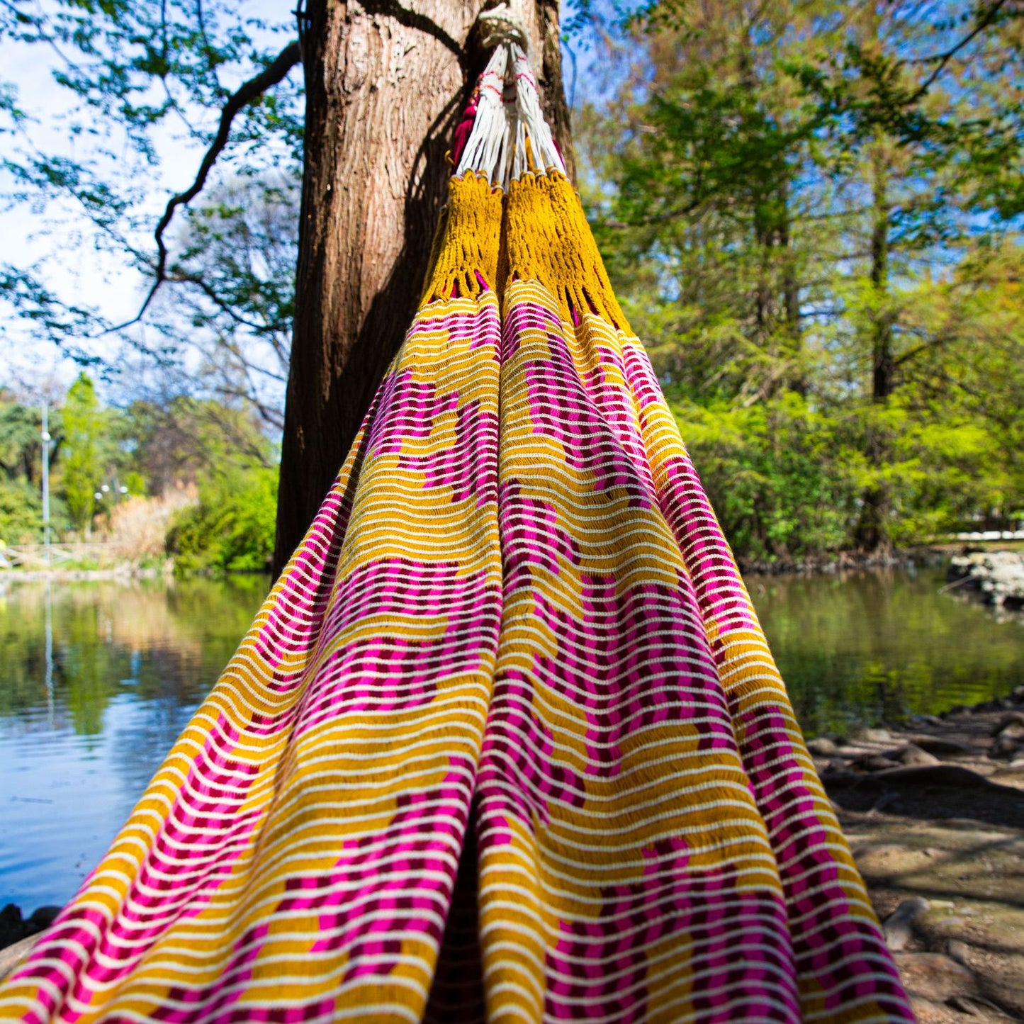 Chinchorro Wayuù Deluxe senape fucsia giallo rosa fatto a mano La Guajira